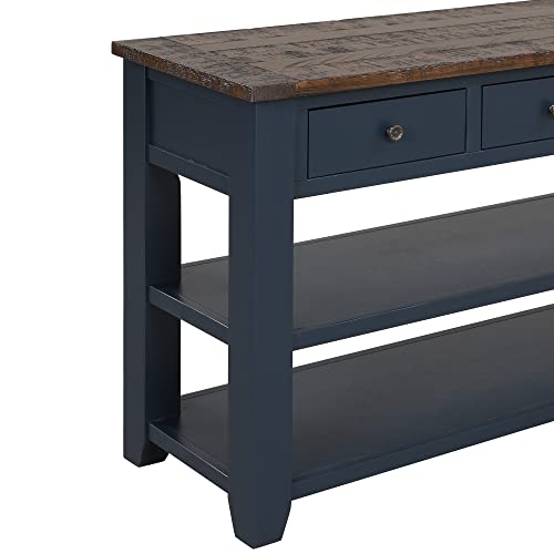 48'' Solid Wood Console Table, Modern Entryway Sofa Side Table with 3 Storage Drawers and 2 Shelves. Easy to Assemble (Blue)