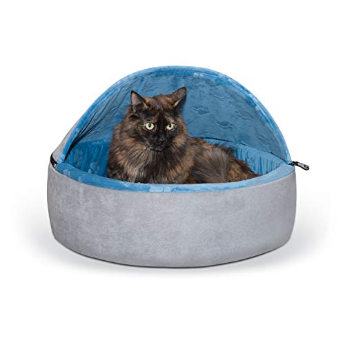 K&H Pet Products Self-Warming Kitty Bed Hooded Pet Bed for Cats or Dogs Blue/Gray Large 20 Inches