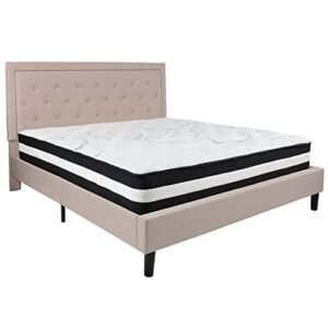 flash furniture roxbury king size tufted upholstered platform bed in beige fabric with pocket spring mattress