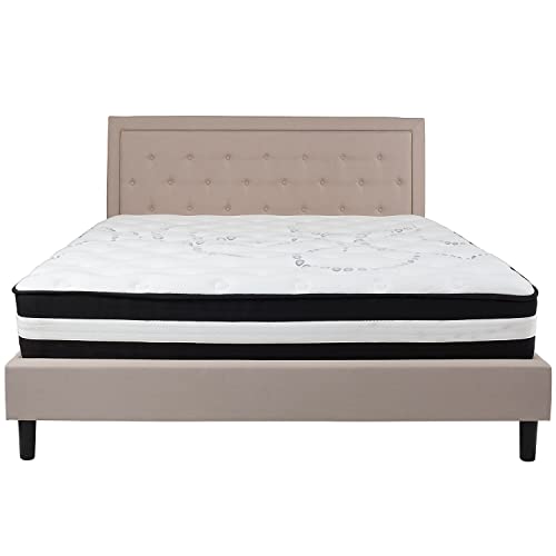 Flash Furniture Roxbury King Size Tufted Upholstered Platform Bed in Beige Fabric with Pocket Spring Mattress