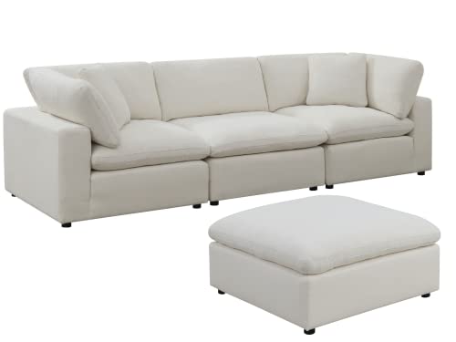 ASY Cloud Down Modular Sectional Sofa 121' L-Shaped Reversible Chaise Couch Feather - Low to Ground Modern Deep & Plush Seats (4-Piece (Corner Chair (2) + Armless (1) Ottoman (1), Natural), (CLD9)