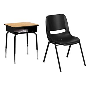 flash furniture billie student desk – 24″ w x 18″ d adjustable height, durable desk for school or remote learning & hercules series 440 lb. capacity kid’s black ergonomic shell stack chair
