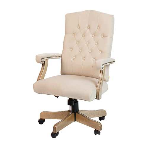 Flash Furniture Traditional Office Chair - Ivory Microfiber Tufted Swivel Office Chair - Home Office Desk Chair with Driftwood Base