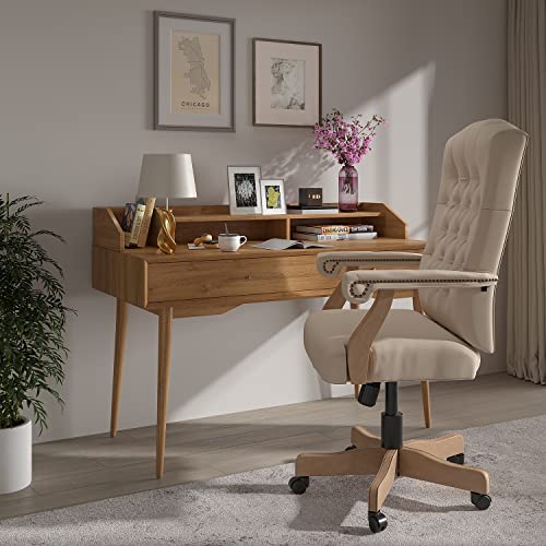 Flash Furniture Traditional Office Chair - Ivory Microfiber Tufted Swivel Office Chair - Home Office Desk Chair with Driftwood Base