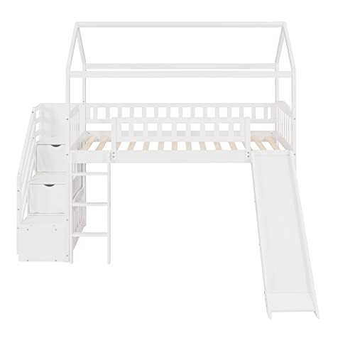 Harper & Bright Designs House Bed Loft Bed with Slide, Twin Loft Bed with Stairs and Storage, Wood Loft Bed Frame for Kids & Girls & Boys (White)