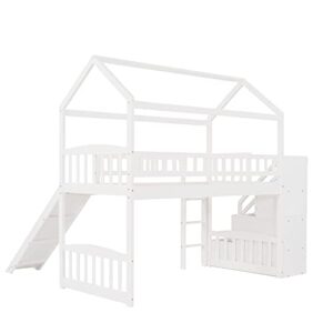 Harper & Bright Designs House Bed Loft Bed with Slide, Twin Loft Bed with Stairs and Storage, Wood Loft Bed Frame for Kids & Girls & Boys (White)