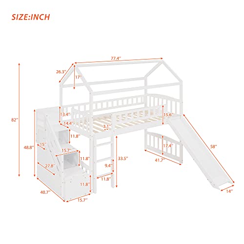 Harper & Bright Designs House Bed Loft Bed with Slide, Twin Loft Bed with Stairs and Storage, Wood Loft Bed Frame for Kids & Girls & Boys (White)