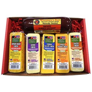 wisconsin cheese company’s – specialty cheese block sampler & sausage gift box – 5-4oz. cheese blocks: smoked cheddar cheese, gouda cheese, swiss cheese, cheddar salami cheese, tomato basil cheddar cheese & 1-12oz. original summer sausage. the perfect che
