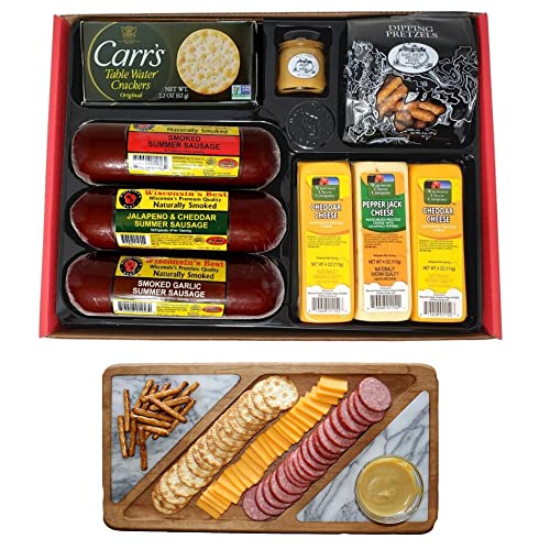 Wisconsin's Best & Wisconsin Cheese Company- Party Gift Basket - 100% Wisconsin Cheddar Cheese, Pepper Cheese, Sausage, Crackers, Pretzels & Mustard