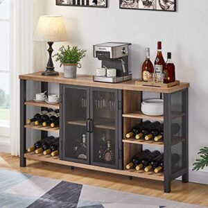 fatorri industrial wine bar cabinet for liquor and glasses, farmhouse wood coffee bar cabinet with wine rack, metal sideboard and buffet cabinet (55 inch, rustic oak)
