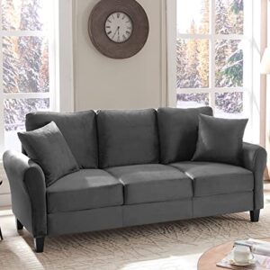 luckhao velvet sofa couch for living room,78” upholstered 3-seater couch wiht solid wood frame legs,modern comfy sofa with 2 pillows for living room(grey)