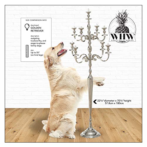 Whole House Worlds Hamptons Tall Nine Candle Silver Candelabra, Handcrafted of Silver Aluminum Nickel, 6 Feet Tall (71 Inches Tall -180 cm) for 9 Candles cm. Aluminium. Freestanding