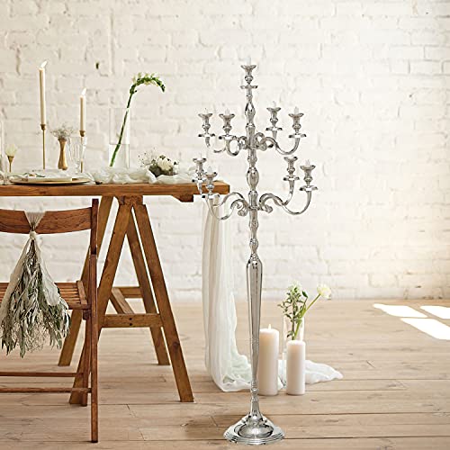 Whole House Worlds Hamptons Tall Nine Candle Silver Candelabra, Handcrafted of Silver Aluminum Nickel, 6 Feet Tall (71 Inches Tall -180 cm) for 9 Candles cm. Aluminium. Freestanding