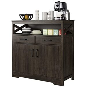 hostack modern farmhouse buffet sideboard, kitchen storage cabinet with shelves and doors, wood buffet cabinet with drawers, coffee bar, floor cabinet cupboard for dining room, dark brown