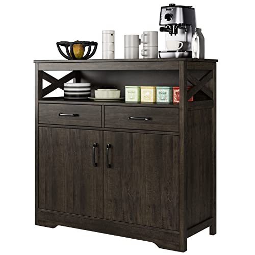 HOSTACK Modern Farmhouse Buffet Sideboard, Kitchen Storage Cabinet with Shelves and Doors, Wood Buffet Cabinet with Drawers, Coffee Bar, Floor Cabinet Cupboard for Dining Room, Dark Brown