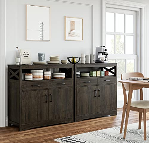 HOSTACK Modern Farmhouse Buffet Sideboard, Kitchen Storage Cabinet with Shelves and Doors, Wood Buffet Cabinet with Drawers, Coffee Bar, Floor Cabinet Cupboard for Dining Room, Dark Brown