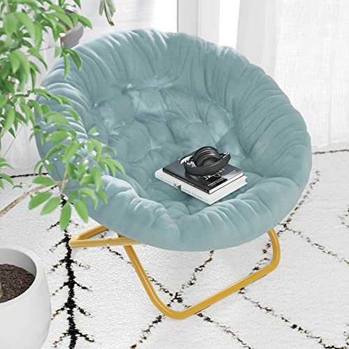 Flash Furniture Gwen 38" Oversize Portable Faux Fur Folding Saucer Moon Chair for Dorm and Bedroom, Set of 1, Dusty Aqua/Soft Gold