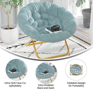 Flash Furniture Gwen 38" Oversize Portable Faux Fur Folding Saucer Moon Chair for Dorm and Bedroom, Set of 1, Dusty Aqua/Soft Gold