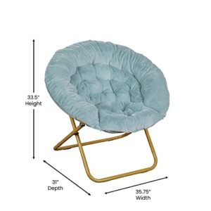 Flash Furniture Gwen 38" Oversize Portable Faux Fur Folding Saucer Moon Chair for Dorm and Bedroom, Set of 1, Dusty Aqua/Soft Gold