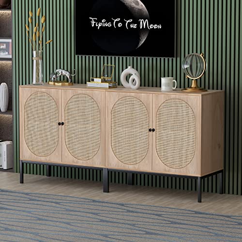 Sideboard Storage Cabinet with Handmade Natural Rattan Doors, Accent Cabinet Rattan Cabinet Buffet Cabinet with Storage, for Living Room, Dining Room, Entryway, Kitchen, Nature