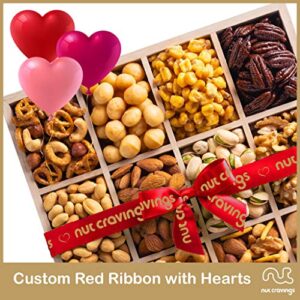 Easter Mixed Nuts Gift Basket in Reusable Wooden Tray + Heart Ribbon (12 Assortments) Gourmet Food Bouquet Arrangement Platter, Birthday Care Package, Healthy Kosher Snack Box, Adults Men Women