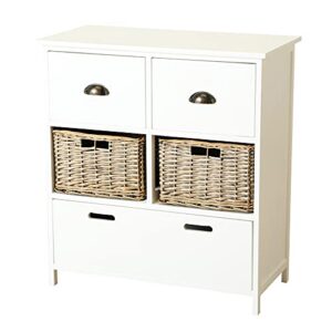 whw whole house worlds hamptons decorative accent chest with 3 baskets, bin pull hardware, white, brown willow wicker, solid wood, mdf, 13.75 l x 28.0 w x 30.25 h inches, 19.75 lbs