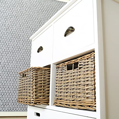 WHW Whole House Worlds Hamptons Decorative Accent Chest with 3 Baskets, Bin Pull Hardware, White, Brown Willow Wicker, Solid Wood, MDF, 13.75 L x 28.0 W x 30.25 H inches, 19.75 lbs