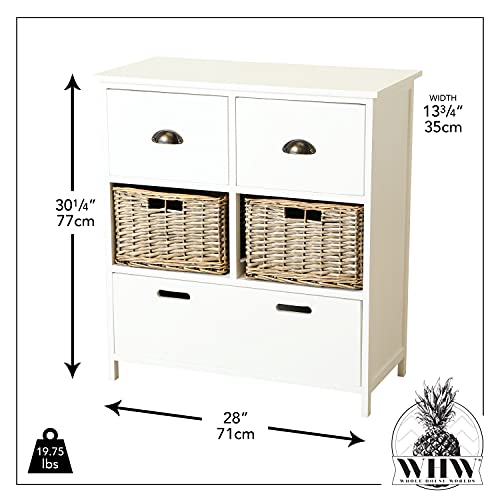 WHW Whole House Worlds Hamptons Decorative Accent Chest with 3 Baskets, Bin Pull Hardware, White, Brown Willow Wicker, Solid Wood, MDF, 13.75 L x 28.0 W x 30.25 H inches, 19.75 lbs