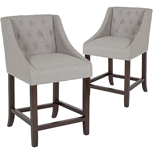 Flash Furniture 2 Pack Carmel Series 24" High Transitional Tufted Walnut Counter Height Stool with Accent Nail Trim in Light Gray Fabric