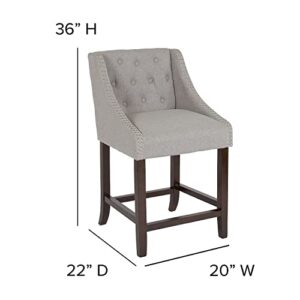 Flash Furniture 2 Pack Carmel Series 24" High Transitional Tufted Walnut Counter Height Stool with Accent Nail Trim in Light Gray Fabric