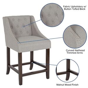 Flash Furniture 2 Pack Carmel Series 24" High Transitional Tufted Walnut Counter Height Stool with Accent Nail Trim in Light Gray Fabric