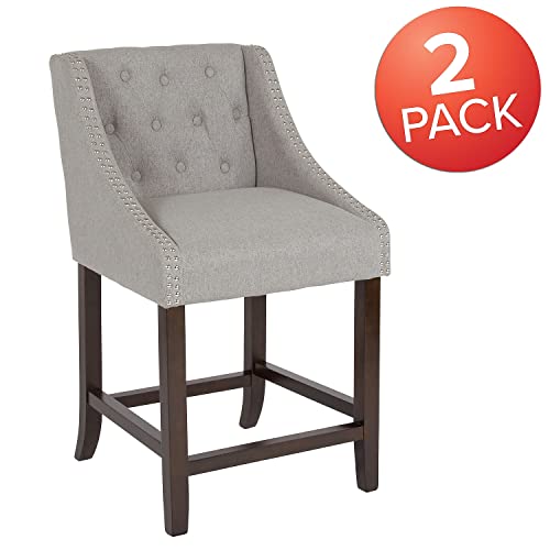 Flash Furniture 2 Pack Carmel Series 24" High Transitional Tufted Walnut Counter Height Stool with Accent Nail Trim in Light Gray Fabric