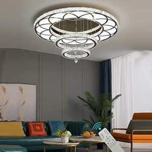 w24” modern crystal chandeliers living room crystal ceiling chandeliers crystal 3 ring pendant light chandeliers dining round fixture bedroom empire remote dimmable led (3000k-6000k) fixtures