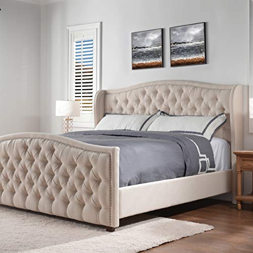 Jennifer Taylor Home Anastasia Upholstered Shelter Headboard Bed Set, King, Sky Neutral Beige Polyester