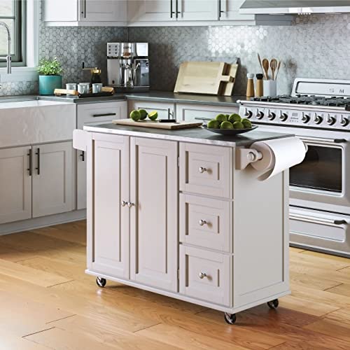 Homestyles Kitchen Cart with Stainless Steel Metal Top Rolling Mobile Kitchen Island with Storage and Towel Rack 54 Inch Width Off White