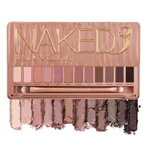 urban decay naked3 eyeshadow palette, 12 versatile rosy neutral shades for every day – ultra-blendable, rich colors with velvety texture – set includes mirror & double-ended makeup brush