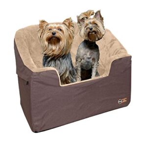 k&h pet product bucket booster dog car seat with dog seat belt for car, washable small dog car seat, sturdy dog booster seats for small dogs, medium dogs, 2 safety leashes, large tan/tan