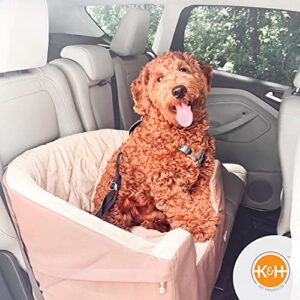 K&H Pet Product Bucket Booster Dog Car Seat with Dog Seat Belt for Car, Washable Small Dog Car Seat, Sturdy Dog Booster Seats for Small Dogs, Medium Dogs, 2 Safety Leashes, Large Tan/Tan