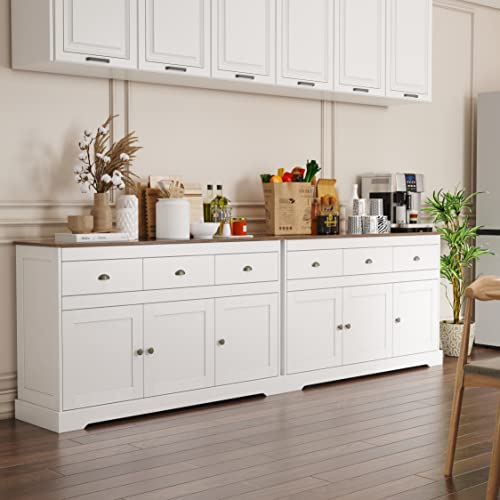 Anjiaqianmo White Buffet Cabinet Storage Kitchen Cabinet Sideboard Farmhouse Buffet Server Bar Wine Cabinet with 3 Drawers & 3 Doors Adjustable Shelves Console Table for Dining Living Room Cupboard