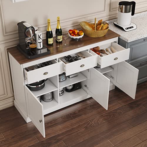 Anjiaqianmo White Buffet Cabinet Storage Kitchen Cabinet Sideboard Farmhouse Buffet Server Bar Wine Cabinet with 3 Drawers & 3 Doors Adjustable Shelves Console Table for Dining Living Room Cupboard