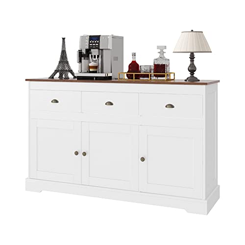 Anjiaqianmo White Buffet Cabinet Storage Kitchen Cabinet Sideboard Farmhouse Buffet Server Bar Wine Cabinet with 3 Drawers & 3 Doors Adjustable Shelves Console Table for Dining Living Room Cupboard