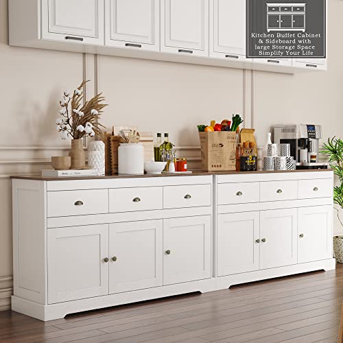 Anjiaqianmo White Buffet Cabinet Storage Kitchen Cabinet Sideboard Farmhouse Buffet Server Bar Wine Cabinet with 3 Drawers & 3 Doors Adjustable Shelves Console Table for Dining Living Room Cupboard