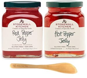 stonewall kitchen, red pepper jelly and hot pepper jelly, 11.75 ounce (pack of 2) – with make your day spreader