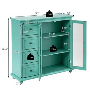 Giantex Buffet Sideboard, Wood Storage Cabinet, Console Table with 4 Drawers, 2-Door Credenza, Living Room Dining Room Furniture, Buffet Server, Kitchen Pantry Cupboard (Sea Green)