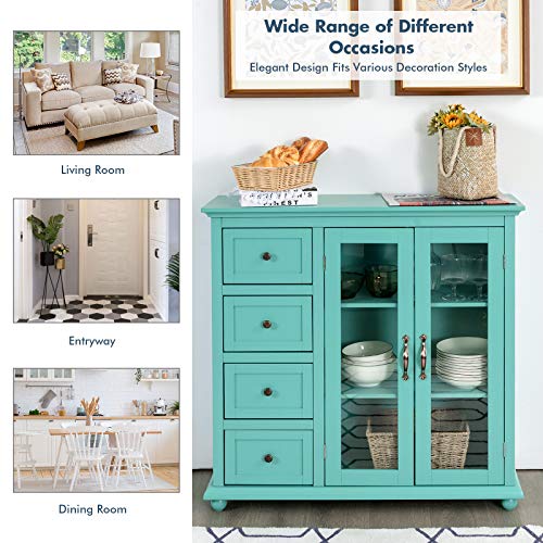 Giantex Buffet Sideboard, Wood Storage Cabinet, Console Table with 4 Drawers, 2-Door Credenza, Living Room Dining Room Furniture, Buffet Server, Kitchen Pantry Cupboard (Sea Green)