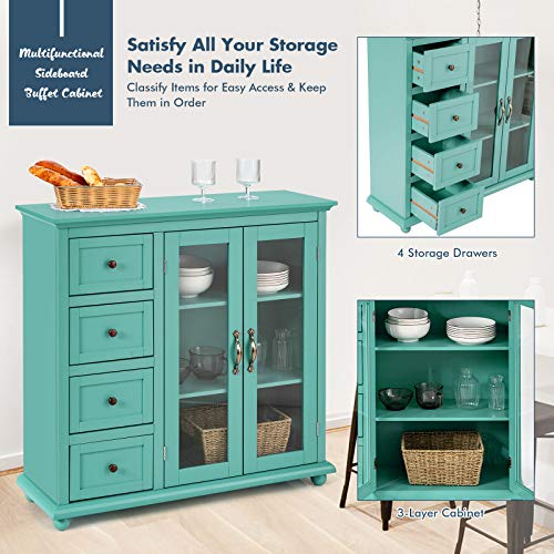 Giantex Buffet Sideboard, Wood Storage Cabinet, Console Table with 4 Drawers, 2-Door Credenza, Living Room Dining Room Furniture, Buffet Server, Kitchen Pantry Cupboard (Sea Green)