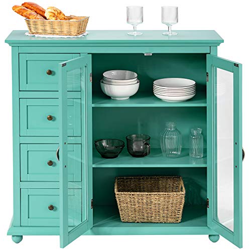 Giantex Buffet Sideboard, Wood Storage Cabinet, Console Table with 4 Drawers, 2-Door Credenza, Living Room Dining Room Furniture, Buffet Server, Kitchen Pantry Cupboard (Sea Green)