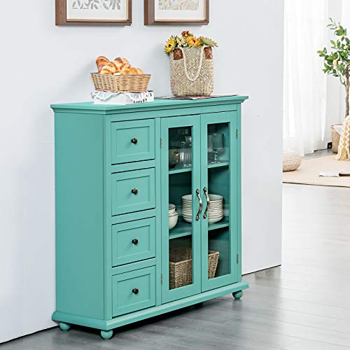 Giantex Buffet Sideboard, Wood Storage Cabinet, Console Table with 4 Drawers, 2-Door Credenza, Living Room Dining Room Furniture, Buffet Server, Kitchen Pantry Cupboard (Sea Green)