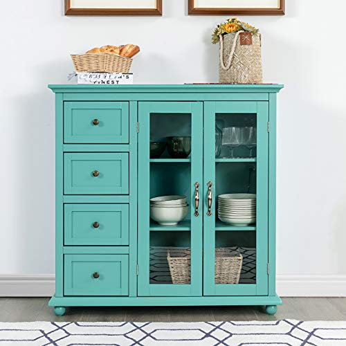 Giantex Buffet Sideboard, Wood Storage Cabinet, Console Table with 4 Drawers, 2-Door Credenza, Living Room Dining Room Furniture, Buffet Server, Kitchen Pantry Cupboard (Sea Green)