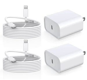 iphone charger fast charging 10 ft [apple mfi certified], 2 pack pd 20w usb c wall charger block with 10ft long type c to lightning fast charging data sync cable for iphone 14 13 12 11 xs xr x 8 ipad